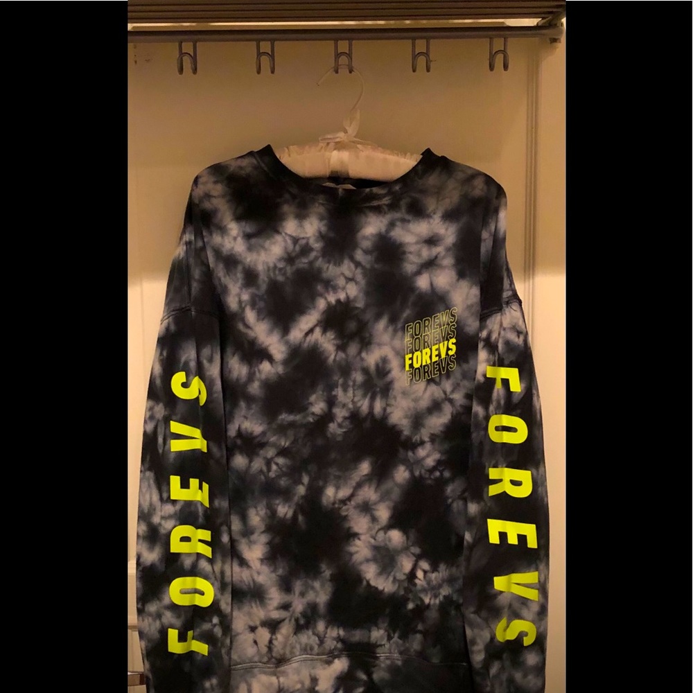 Navy blue and white tie dye sweatshirt.